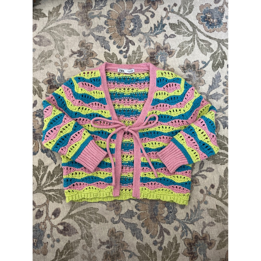 Zara Cardigan Womens Medium Pink Green Excellent Open Knit Tie Front Striped